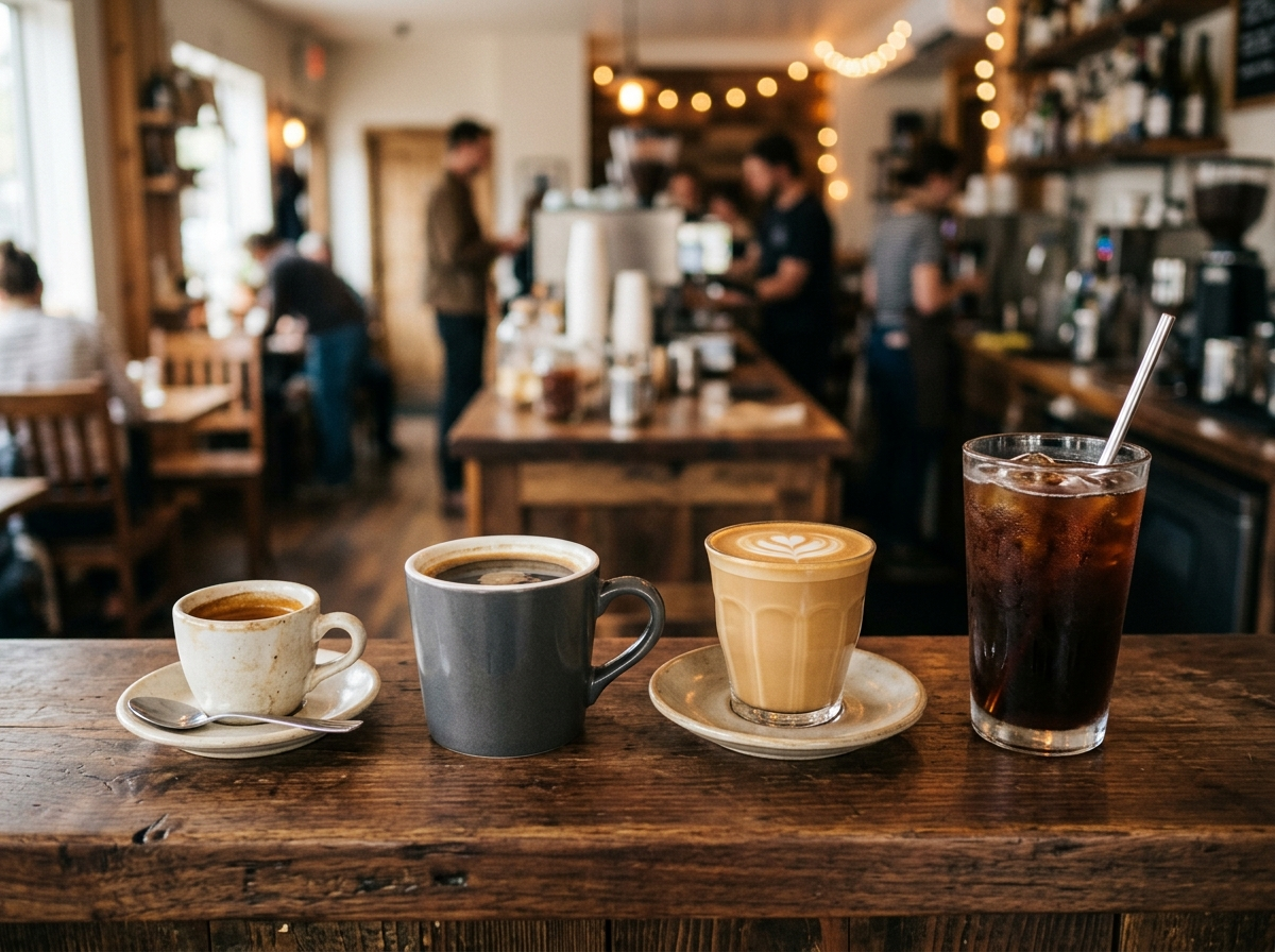 A variety of espresso and brewed coffee options served in ceramic cups