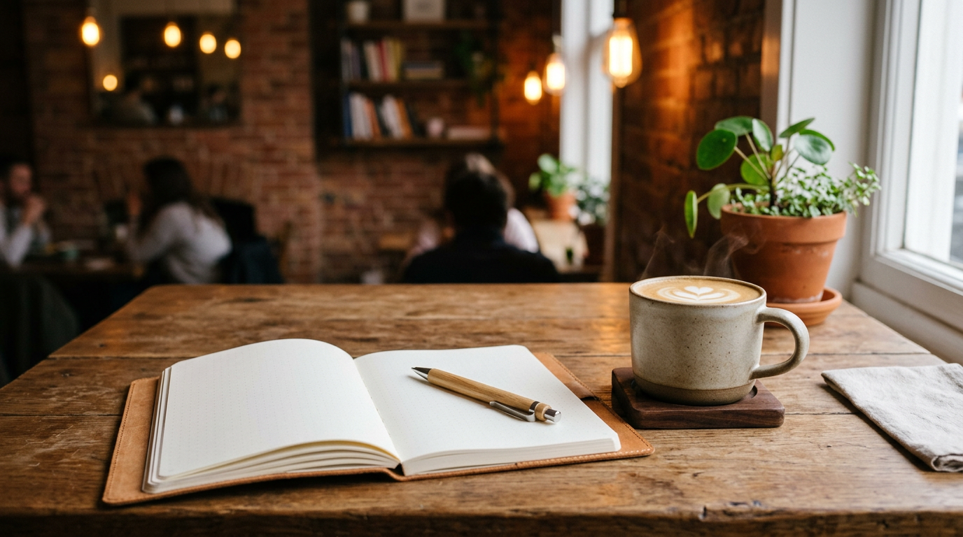 A warm cafe desk setup with a cup of coffee and notebook