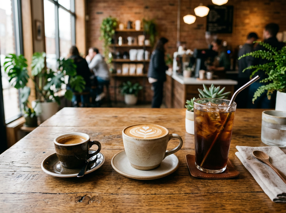 Handcrafted espresso, cappuccino with latte art, and iced cold brew on a wooden table