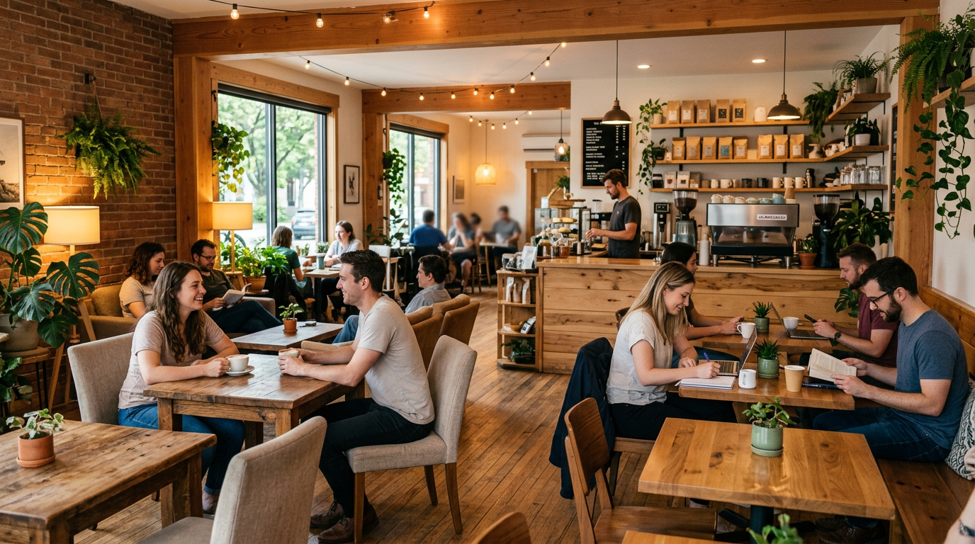 Welcoming interior of Harbor Roast cafe with comfortable seating and warm wooden accents