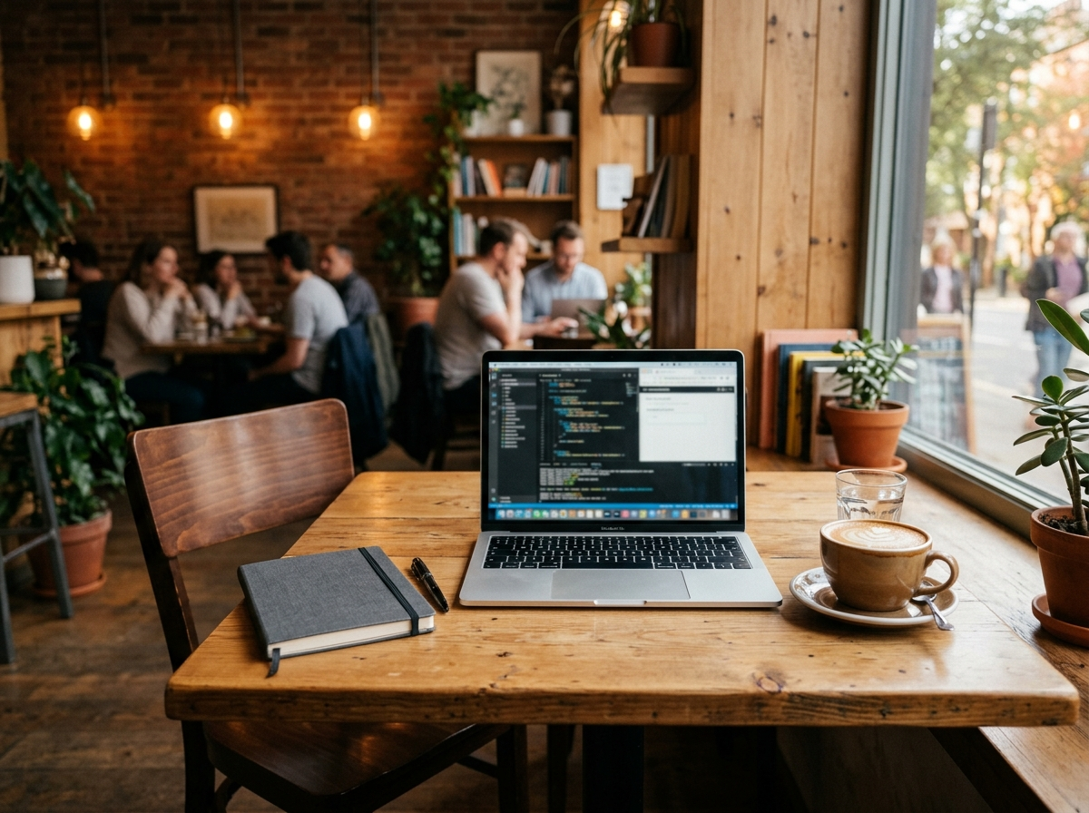 A comfortable café table with a laptop and warm latte, set in a cozy work-friendly corner
